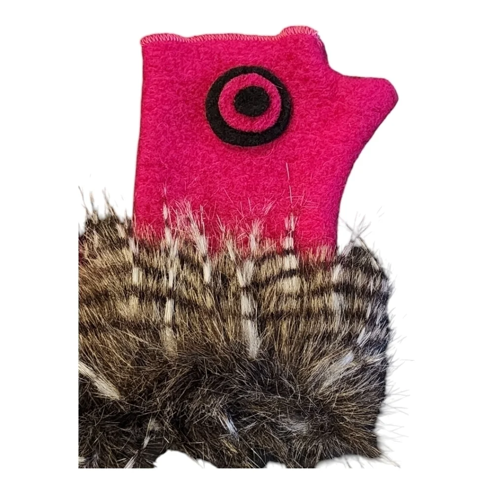Platania Pink Black Wool Fingerless Gloves Fur Trim Made in Italy Bold Winter